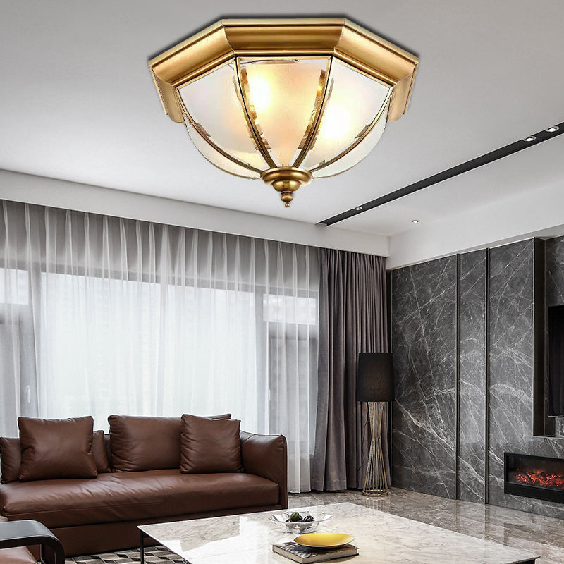 Colonial Brass Flushmount Ceiling Light With Frosted Glass Bowl Shade & 3 Lights