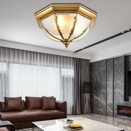 Colonial Brass Flushmount Ceiling Light With Frosted Glass Bowl Shade & 3 Lights