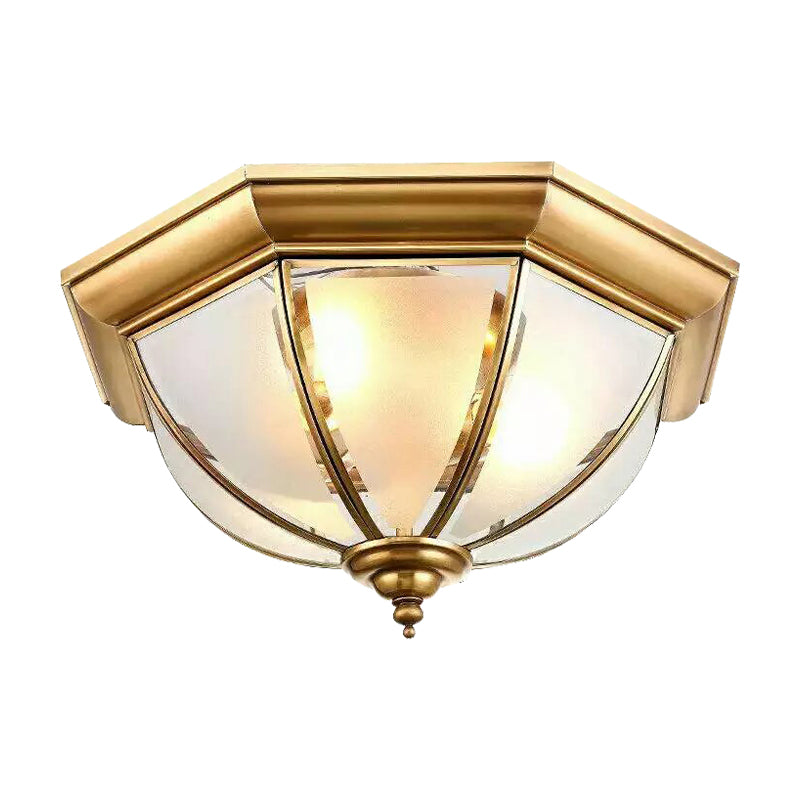 Colonial Brass Flushmount Ceiling Light With Frosted Glass Bowl Shade & 3 Lights