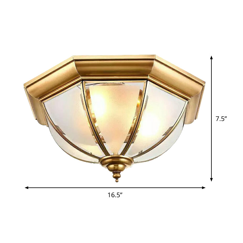 Colonial Brass Flushmount Ceiling Light With Frosted Glass Bowl Shade & 3 Lights