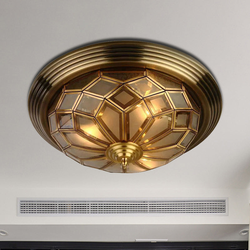 Prismatic Frosted Glass Flush Light Fixture - 3/4 Lights Bedroom Lighting In Brass 14 - 18’ Wide