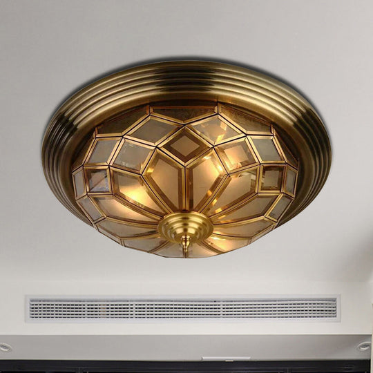 Prismatic Frosted Glass Flush Light Fixture - 3/4 Lights Bedroom Lighting In Brass 14 - 18’ Wide