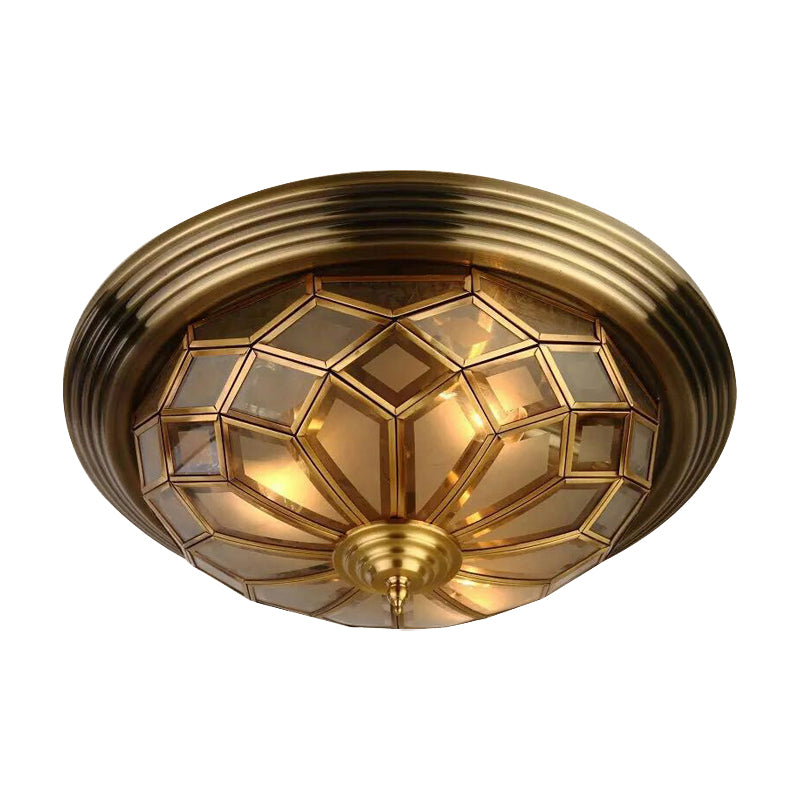 Prismatic Frosted Glass Flush Light Fixture - 3/4 Lights Bedroom Lighting In Brass 14 - 18’ Wide