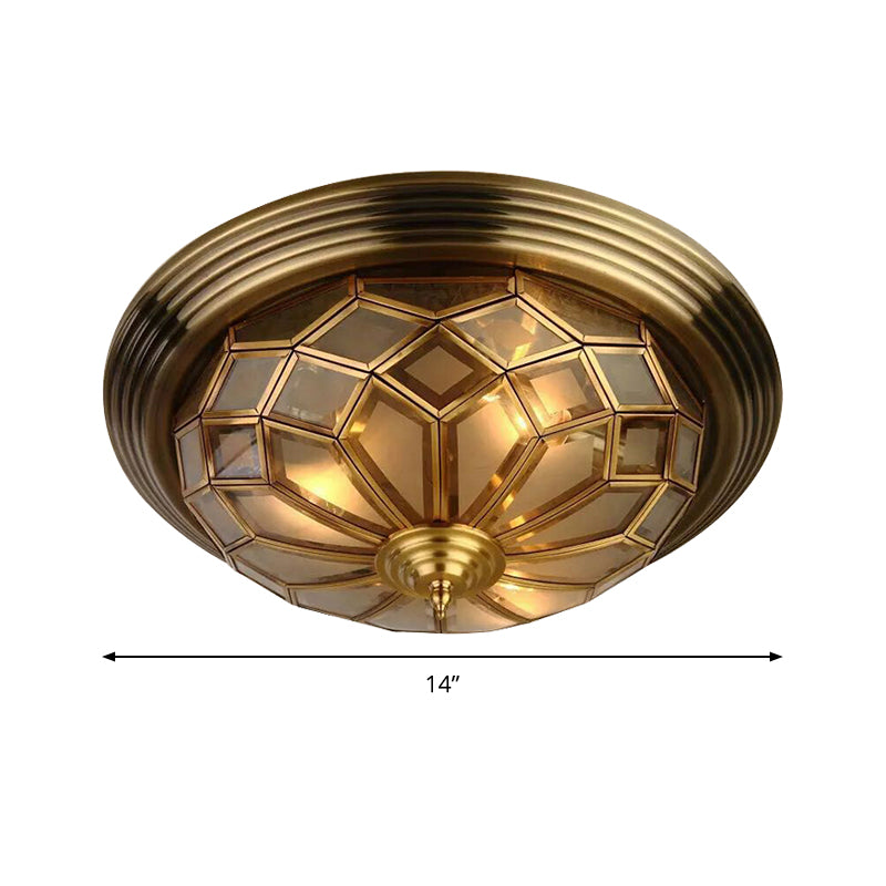 Prismatic Frosted Glass Flush Light Fixture - 3/4 Lights Bedroom Lighting In Brass 14-18 Wide