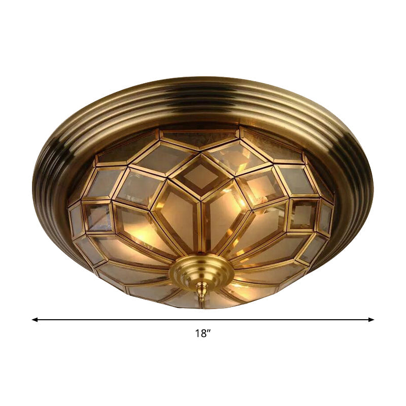 Prismatic Frosted Glass Flush Light Fixture - 3/4 Lights Bedroom Lighting In Brass 14 - 18’ Wide