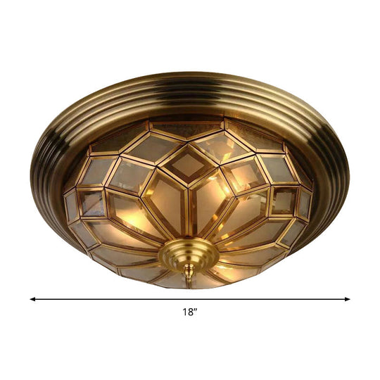 Prismatic Frosted Glass Flush Light Fixture - 3/4 Lights Bedroom Lighting In Brass 14 - 18’ Wide