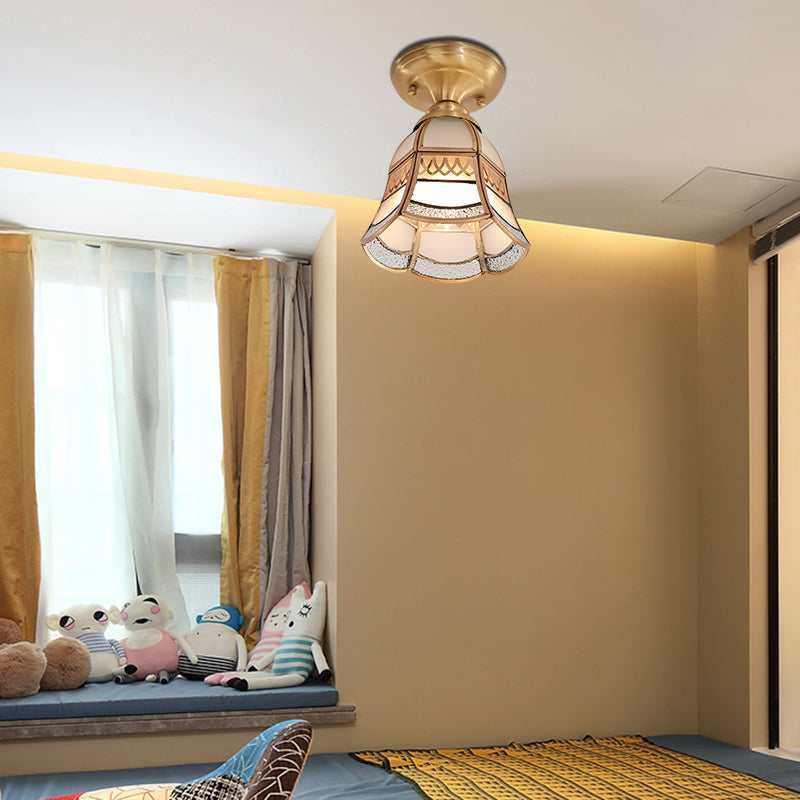 Classic Brass Tapered Flush Mount Light With Frosted Glass - 5/6.5 Wide 1-Light Colonial Style For