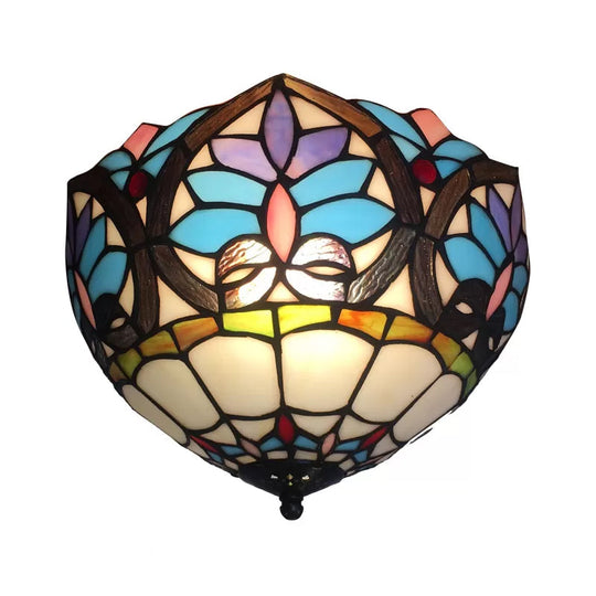Antique Brass Floral Stained Glass Ceiling Light - Victorian Style Flush Mount Fixture For Living