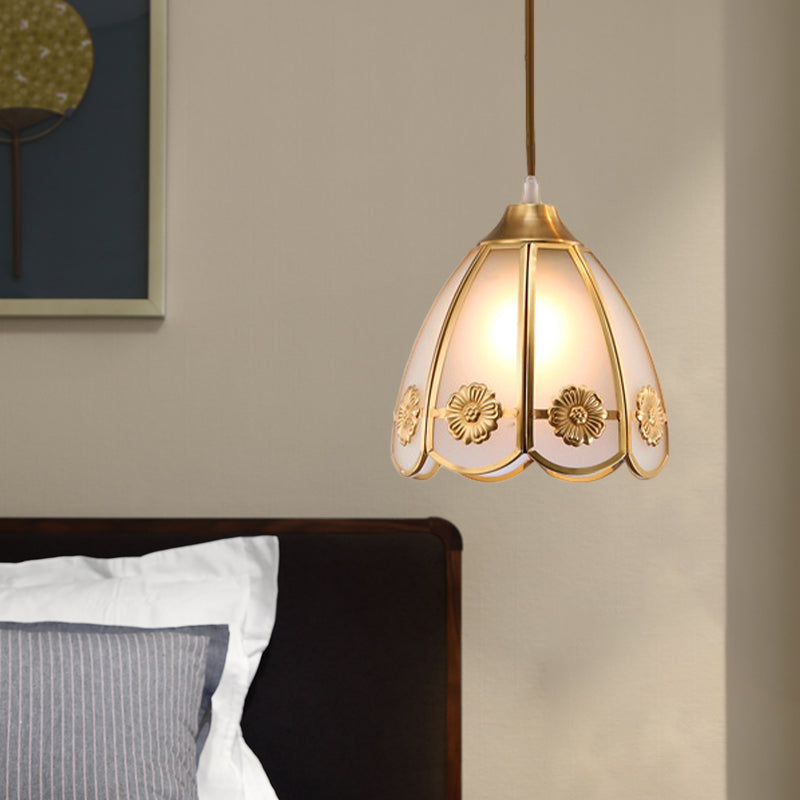 Traditional Brass Ceiling Pendant Lamp With Frosted Glass Dome - 1 Light For Hallways