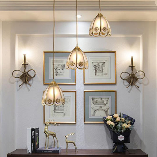 Traditional Brass Ceiling Pendant Lamp With Frosted Glass Dome - 1 Light For Hallways