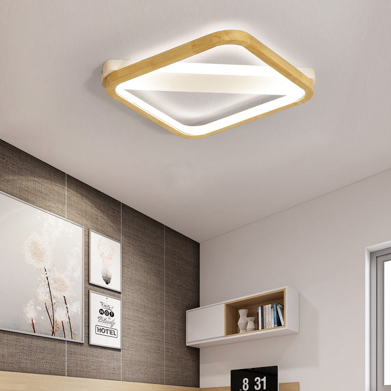 Simple Style Beige Led Ceiling Lamp For Bedroom - Wood Square Flush Light Fixture 13’/17’/21’ Wide