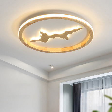 Minimalist Wood Circle Ceiling Light Dark Brown/Light Brown Led Flush Fixture - 17/21/25 Wide