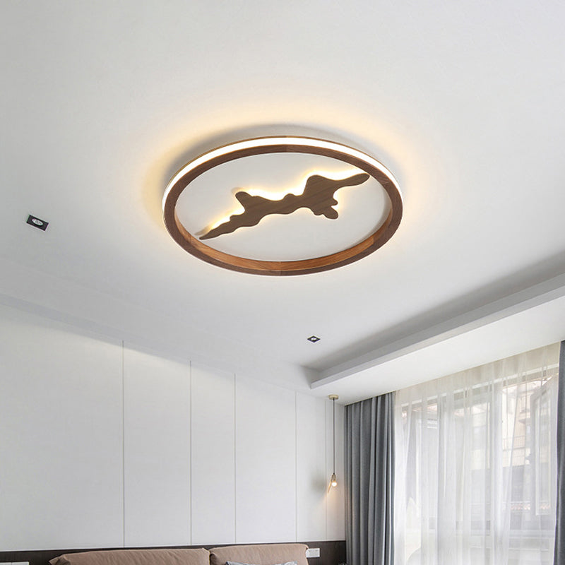 Minimalist Wood Circle Ceiling Light Dark Brown/Light Brown Led Flush Fixture - 17’/21’/25’ Wide