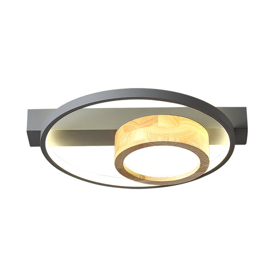 Minimalist Gray/White Led Flush Mount Ceiling Light For Living Room - Wood Finish