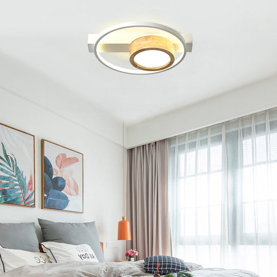 Minimalist Gray/White Led Flush Mount Ceiling Light For Living Room - Wood Finish