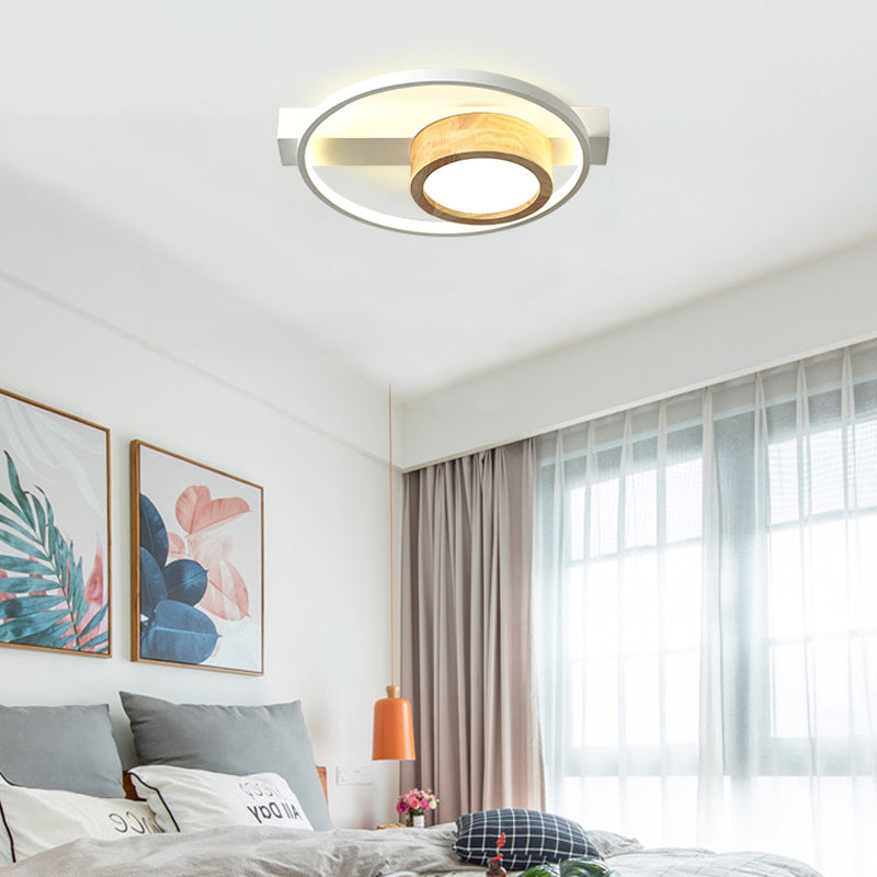 Minimalist Gray/White Led Flush Mount Ceiling Light For Living Room - Wood Finish