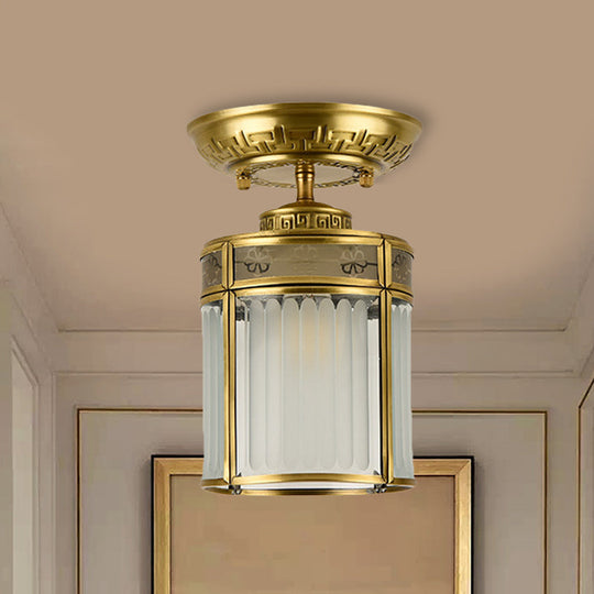 Traditional Brass Semi - Mount Cylinder Ceiling Lamp With 1 Light For Corridors