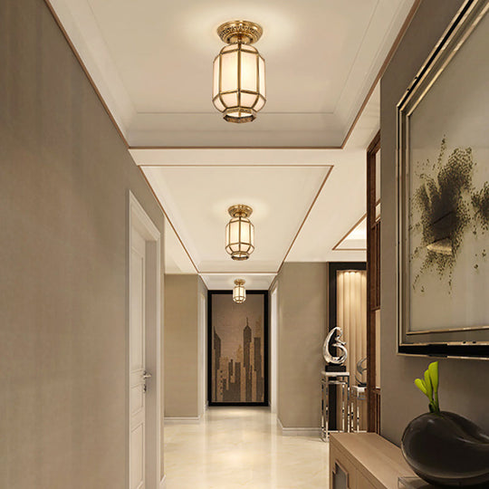 Frosted Glass Semi Flush Mount Lantern Lighting - Classic Brass 1 - Light Fixture For Corridors