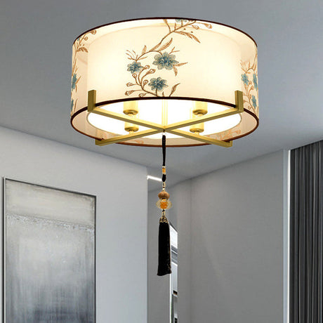 Traditional Style White Fabric Flush Mount Lamp With 4 Lights