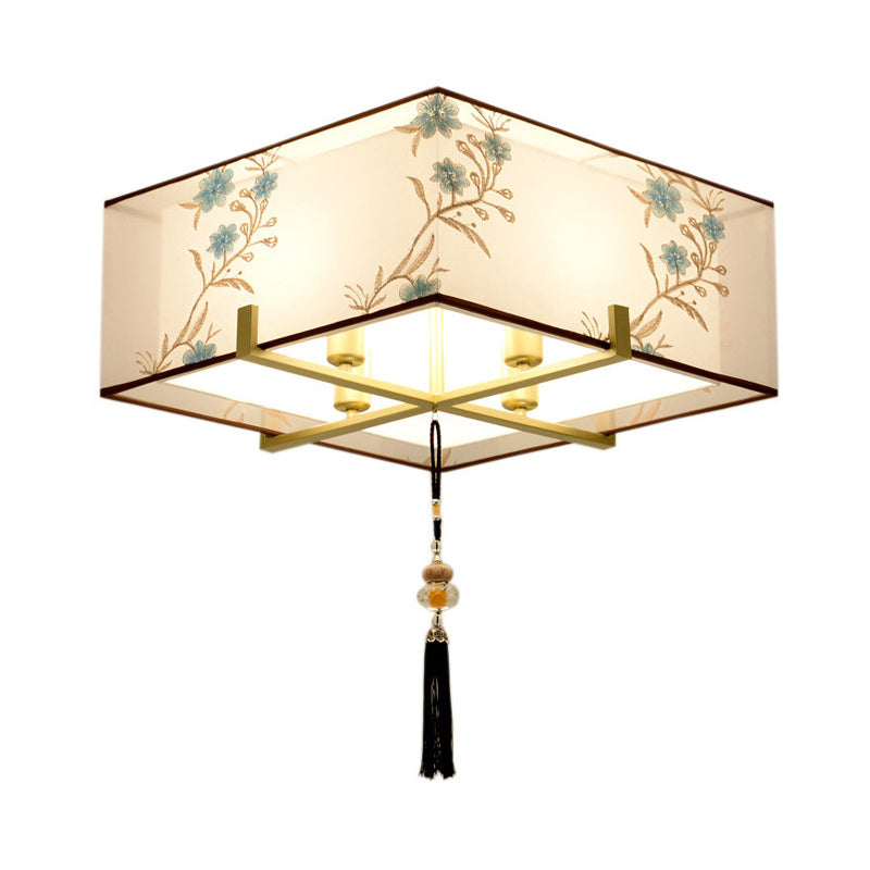 Classic Square Fabric Flush Light: 4 - Light Ceiling Mount For Bedroom (White)