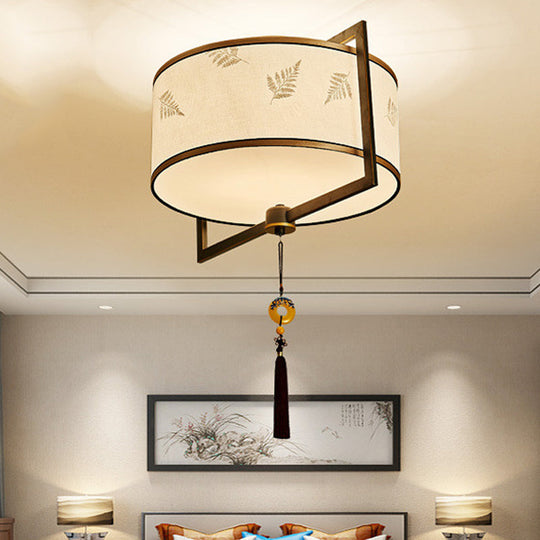 White Fabric Ceiling Mounted Drum Fixture - 5-Light Classic Style Flush Mount Lighting