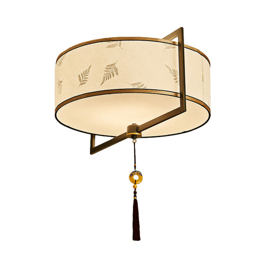 White Fabric Ceiling Mounted Drum Fixture - 5-Light Classic Style Flush Mount Lighting