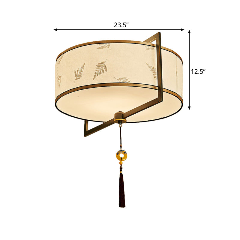 White Fabric Ceiling Mounted Drum Fixture - 5-Light Classic Style Flush Mount Lighting