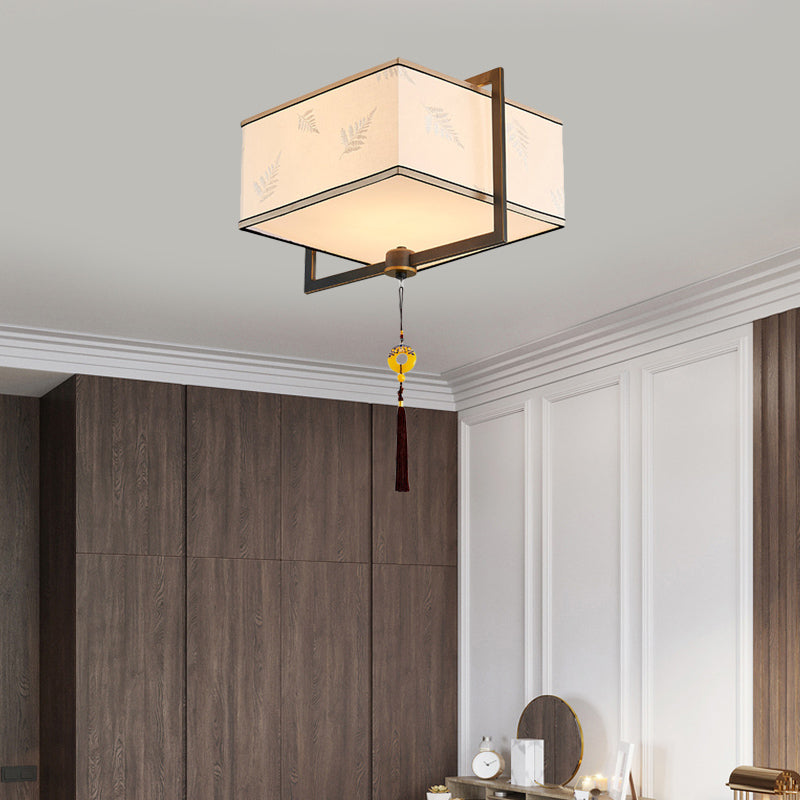Square Flush Ceiling Light With 5 Fabric Lights Traditional White Fixture For Bedroom