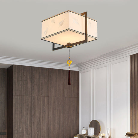 Square Flush Ceiling Light With 5 Fabric Lights Traditional White Fixture For Bedroom