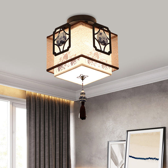 Traditional Black Flush Mount Ceiling Light With Square Fabric Shade