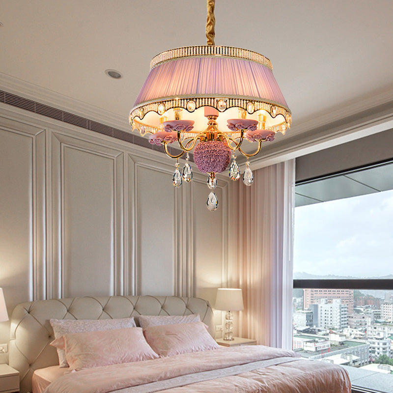 Modern Scalloped Chandelier: 5 Heads Pink/Blue/Purple Fabric Hanging Ceiling Light With Crystal