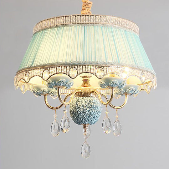 Modern Scalloped Chandelier: 5 Heads Pink/Blue/Purple Fabric Hanging Ceiling Light With Crystal