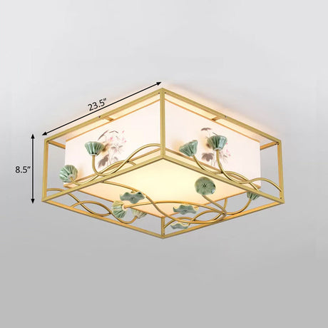 Traditional Square Fabric Flush Mount Lighting - 19.5/23.5 Wide 5 Lights Bedroom Ceiling Fixture In