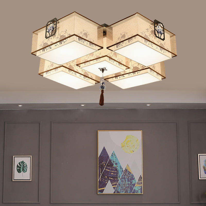 Classic White Flush Mount Ceiling Light - 5 - Light Fixture With Rectangle Fabric Shade