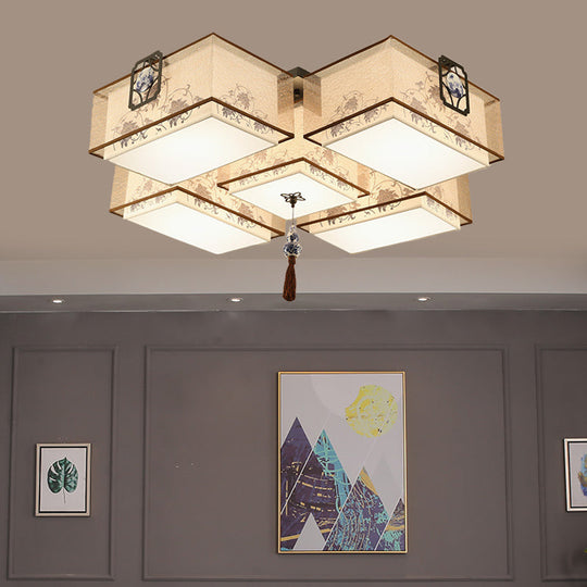 Classic White Flush Mount Ceiling Light - 5-Light Fixture With Rectangle Fabric Shade 20.5/28/35.5