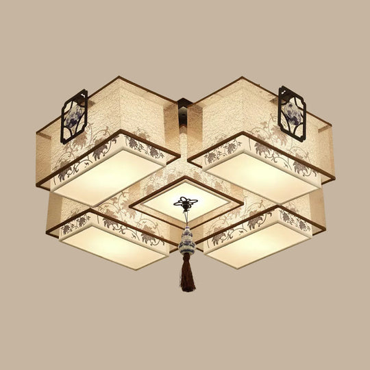 Classic White Flush Mount Ceiling Light - 5 - Light Fixture With Rectangle Fabric Shade