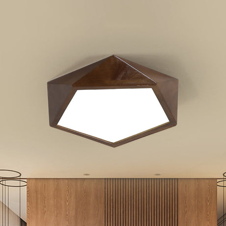 Minimalist Brown Wooden Flush Mount Led Ceiling Lamp - Faceted Pentagon Design (13/16/19.5 Wide) /