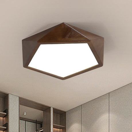 Minimalist Brown Wooden Flush Mount Led Ceiling Lamp - Faceted Pentagon Design (13/16/19.5 Wide)