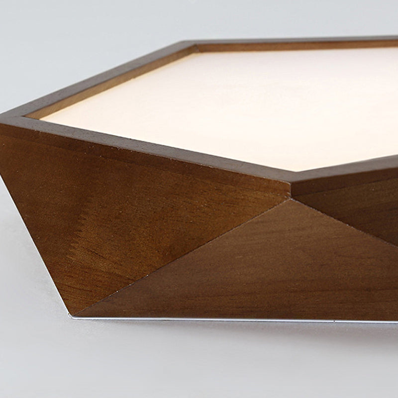 Minimalist Brown Wooden Flush Mount Led Ceiling Lamp - Faceted Pentagon Design (13/16/19.5 Wide)