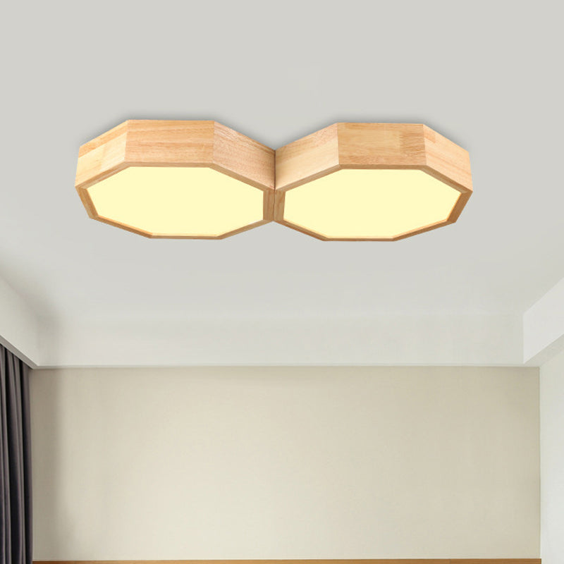 Octagon Twin Ceiling Light Fixture - Nordic Wood Led Flush Mount Lamp For Bedroom
