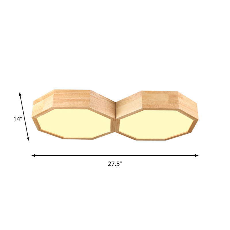 Octagon Twin Ceiling Light Fixture - Nordic Wood Led Flush Mount Lamp For Bedroom