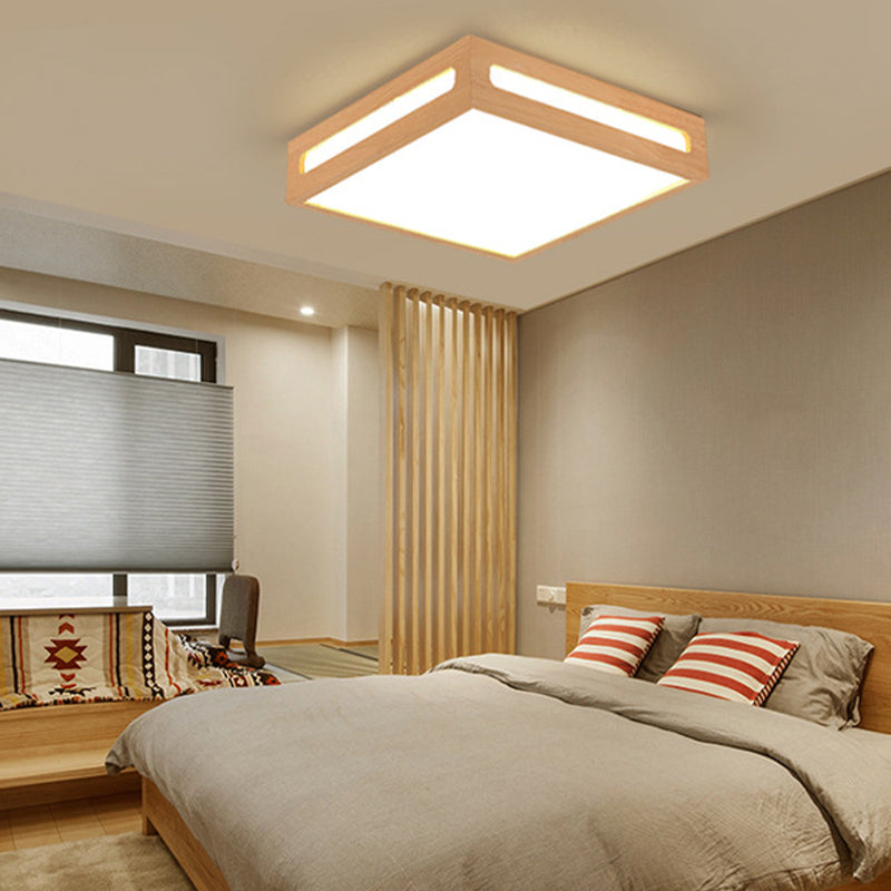 Minimalist Led Flush Light With Acrylic Shade And Natural Wood Square Box Ceiling Lighting In