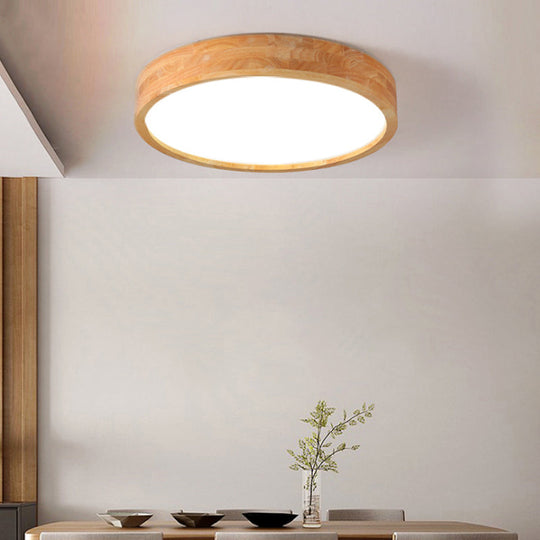 Minimalist Round Wood Ceiling Lamp Kit - 12/16/19.5 Dia Led Beige Flush Mount Light In Warm/White