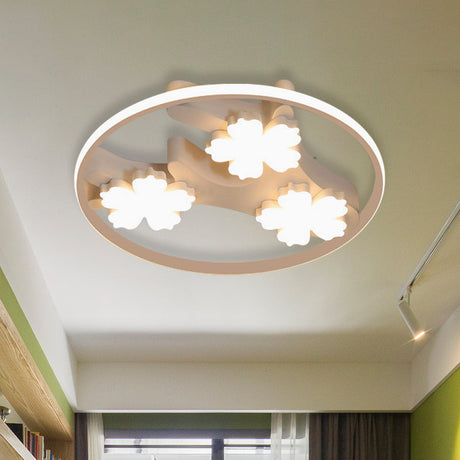 Black Led Flush Mount Ceiling Light With Blossom Decoration - Simple Style Wide Acrylic Ring