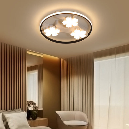 Black Led Flush Mount Ceiling Light With Blossom Decoration - Simple Style Wide Acrylic Ring