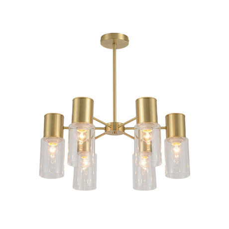 Postmodern Clear Glass Cylinder Chandelier Kit With 6/8/10 Brass Hanging Lamps