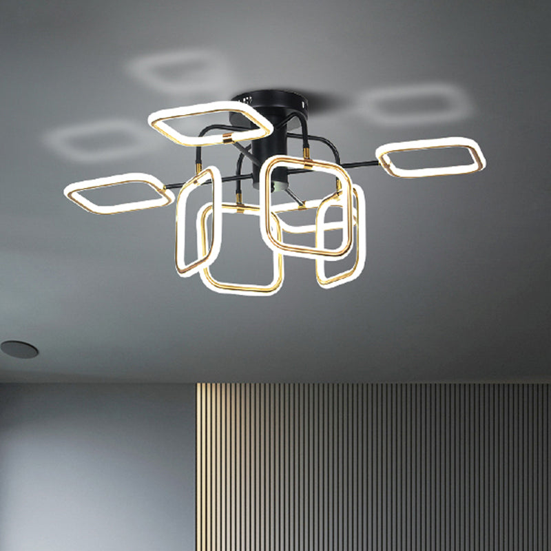 Gold - Black Square Semi - Flush Mount Modern Ceiling Light With 8 Bulbs In Warm/White