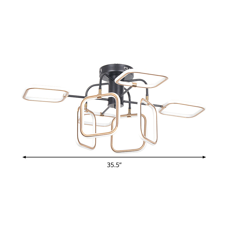 Gold - Black Square Semi - Flush Mount Modern Ceiling Light With 8 Bulbs In Warm/White