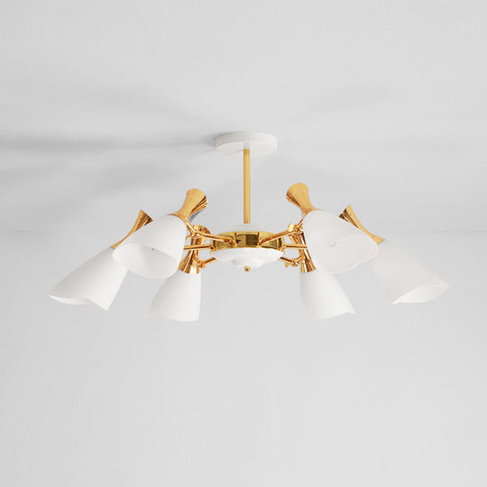 Modern Cone Frosted Glass Hanging Lamp: 6/8 Lights Gold Chandelier Fixture In Warm/White Light