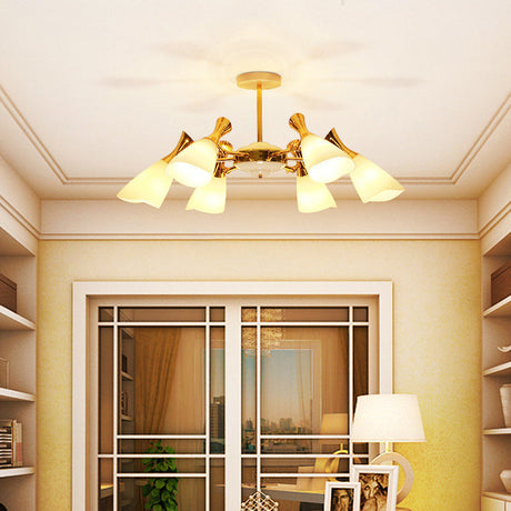 Frosted Glass Gold Chandelier With Modern Cone Design And 6/8 Lights In Warm/White